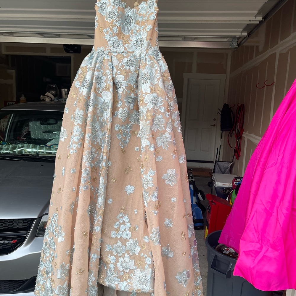 Sherri Hill Tan Gown with Blue and White Floral Design